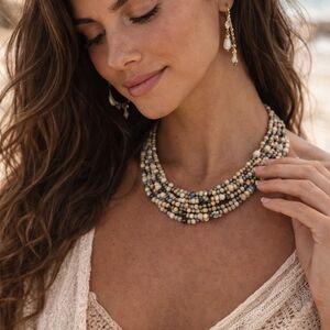 Multi Strand Seed Bead Necklace Boho Artisan Earth Tone Beaded Collar 16.5"